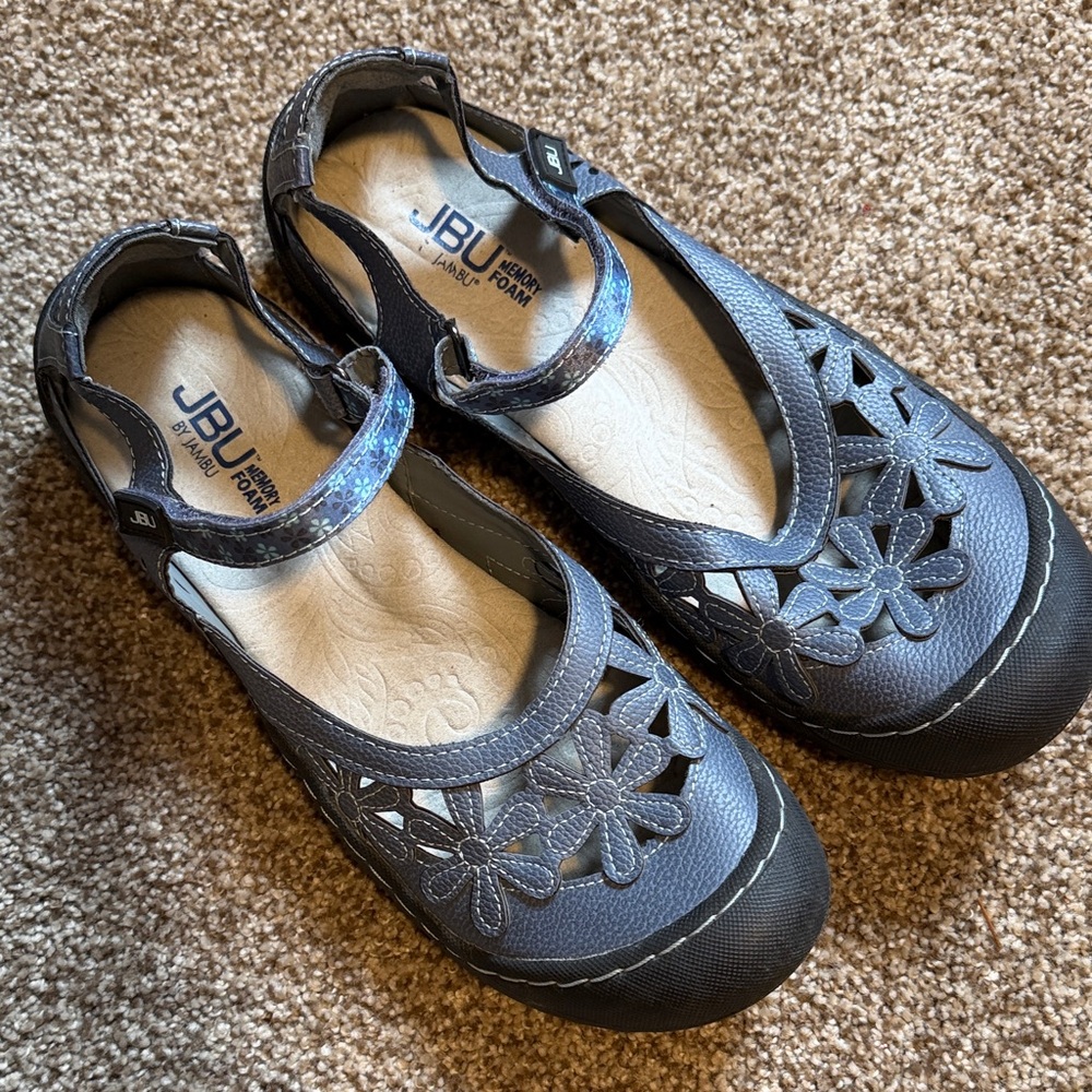 JBU Blue/Gray Floral Cutout Mary Jane Flats with Iridescent Strap